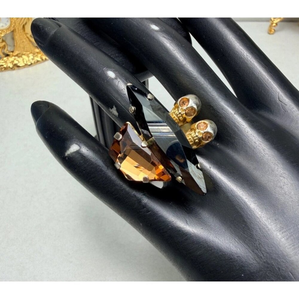 Bold Skull Ring Black & Honey Amber Crystal Chunky Statement Ring Size 7